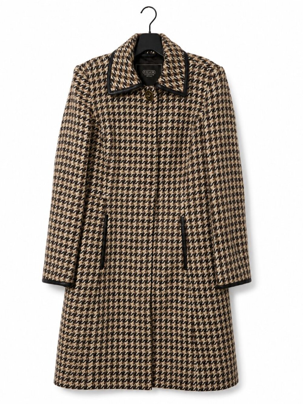 Coach Brown Wool Houndstooth Coat Turn Lock Detail Women's Size S Small
